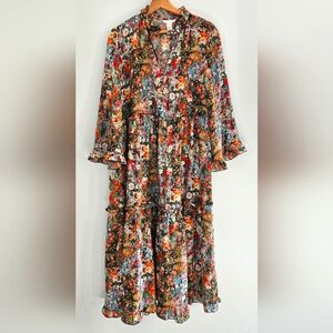 H&M Patterned Multi Floral Teired Maxi Dress with Sleeves Size 10